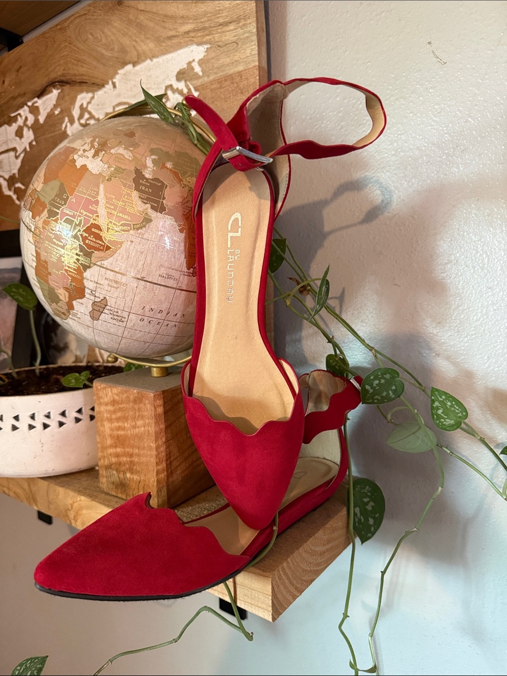 CL by Laundry Red Scallop-Edge Ankle Strap Flats